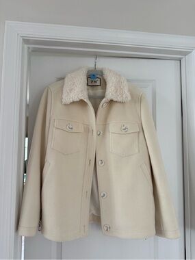 Cream Wool Blend Sherpa Collar Coat Jacket Oversized L/XL